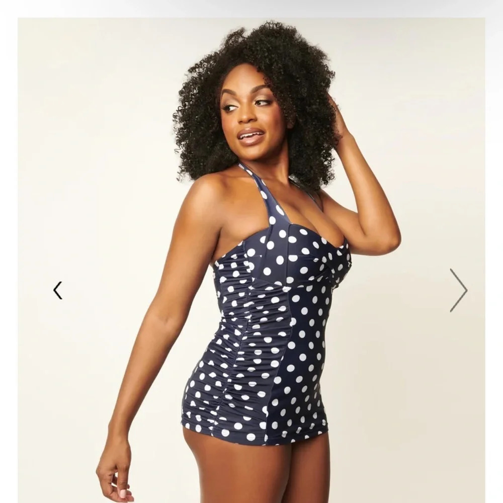 Unique Vintage Navy & White Polka Dot Corinne Halter Sheath Swimsuit,Medium, NWT - Picture 4 of 12